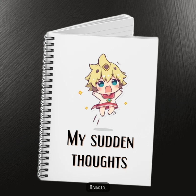 Funny notebook featuring a character ascending rapidly, looking comically startled, perfect for jotting down surprising ideas.