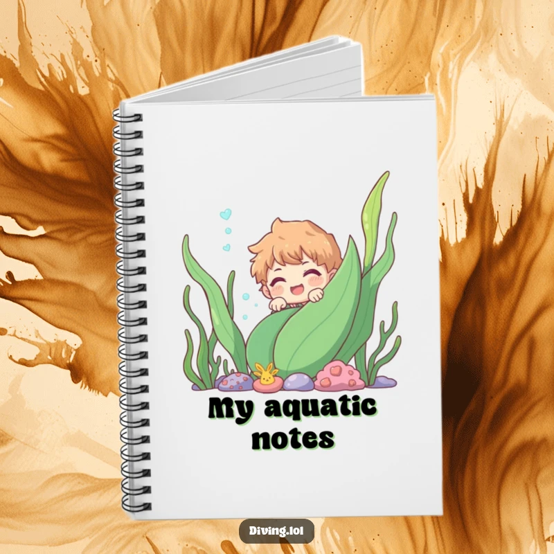 Funny character peeking from behind an underwater plant, designed for capturing aquatic inspirations and daily thoughts with humor.