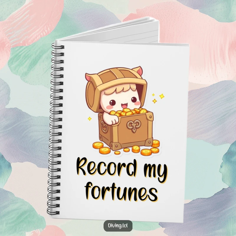 Funny Notebook: Cute character holding a treasure chest overflowing with sparkling coins, perfect for jotting down ideas with a humorous, wealthy flair.