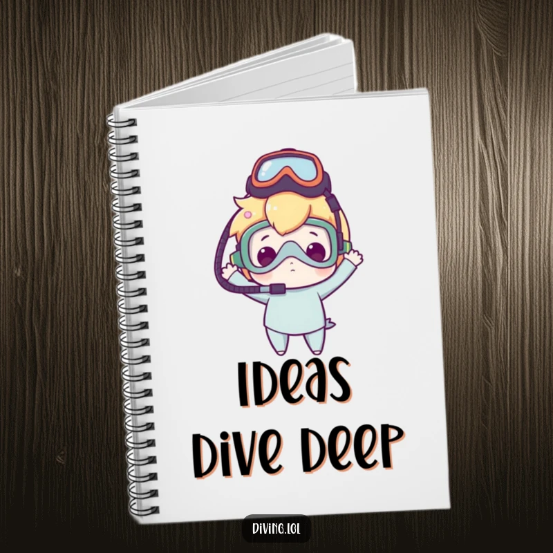 Funny notebook cover with a character balancing a dive mask on their head, exuding clumsy delight and ready for creative thoughts.