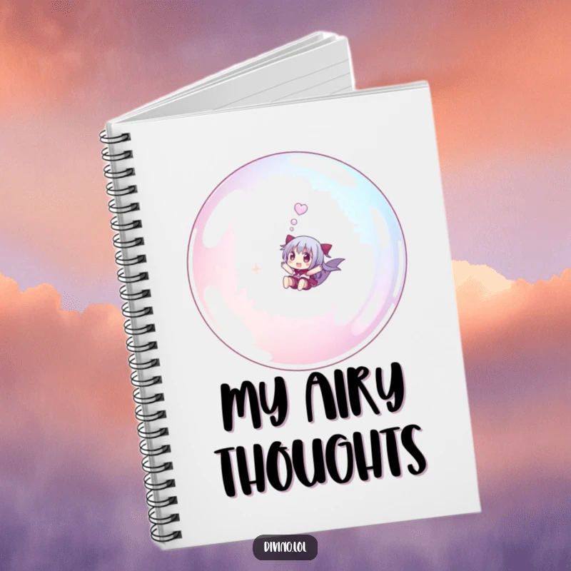 Funny small character notebook, joyfully riding a giant bubble underwater, ideal for capturing creative thoughts.