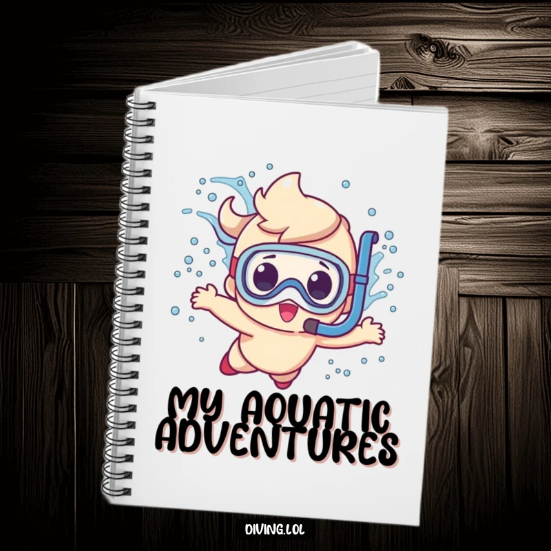 Funny cute character notebook, depicted making a big splash while diving with a snorkel, perfect for note-taking.