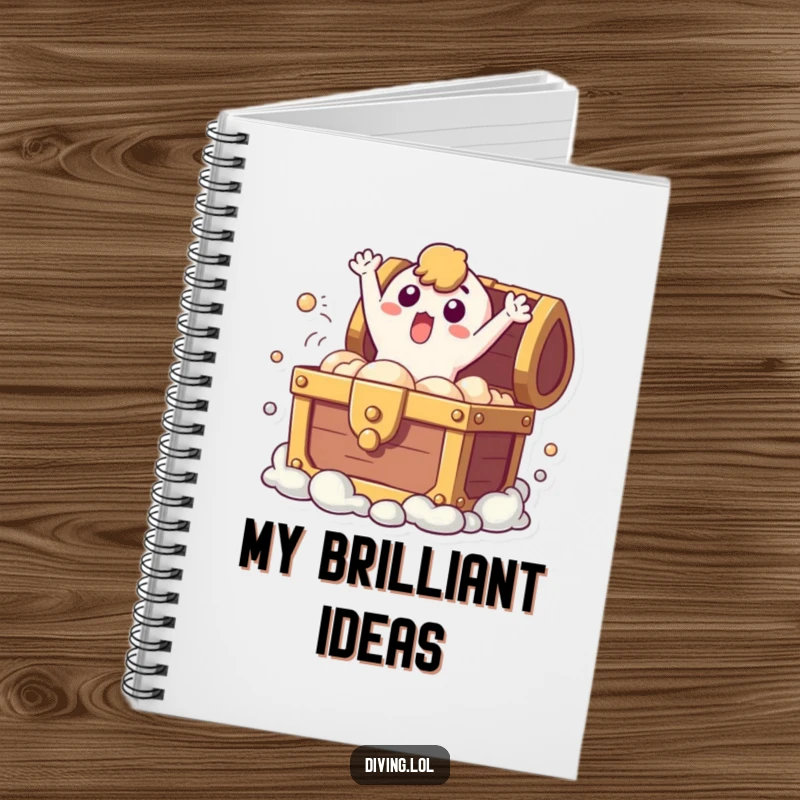 Funny notebook with a surprised character bursting from a treasure chest, perfect for jotting down ideas and unexpected findings.