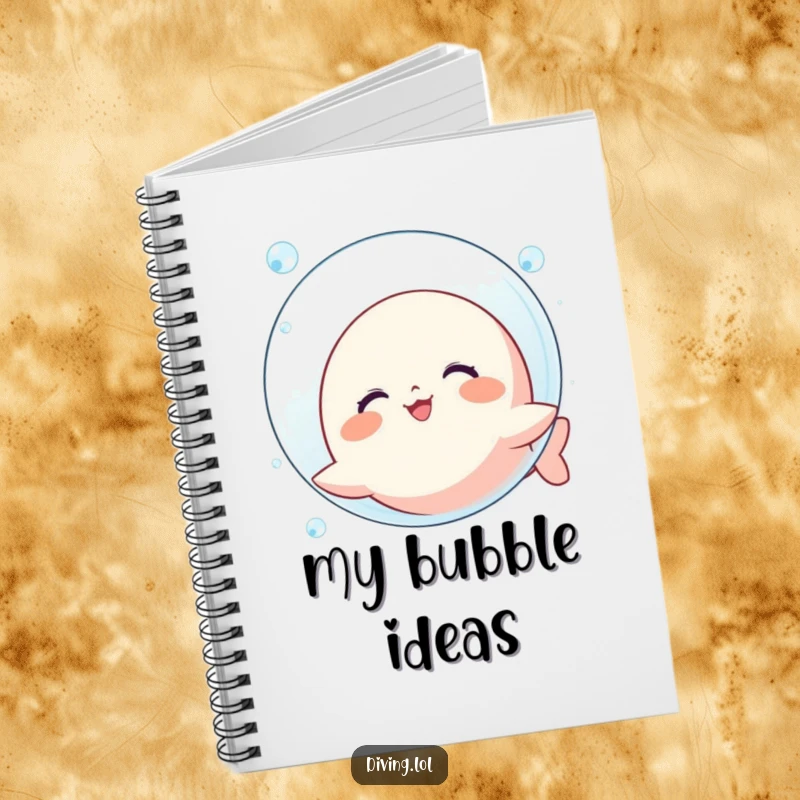 Funny Bubble Blowing Kawaii Notebook: Cute character grins blowing a giant bubble underwater, a fun journal.