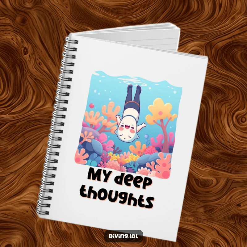 Funny underwater notebook, with a character giggling upside down amongst colorful coral, perfect for writing.
