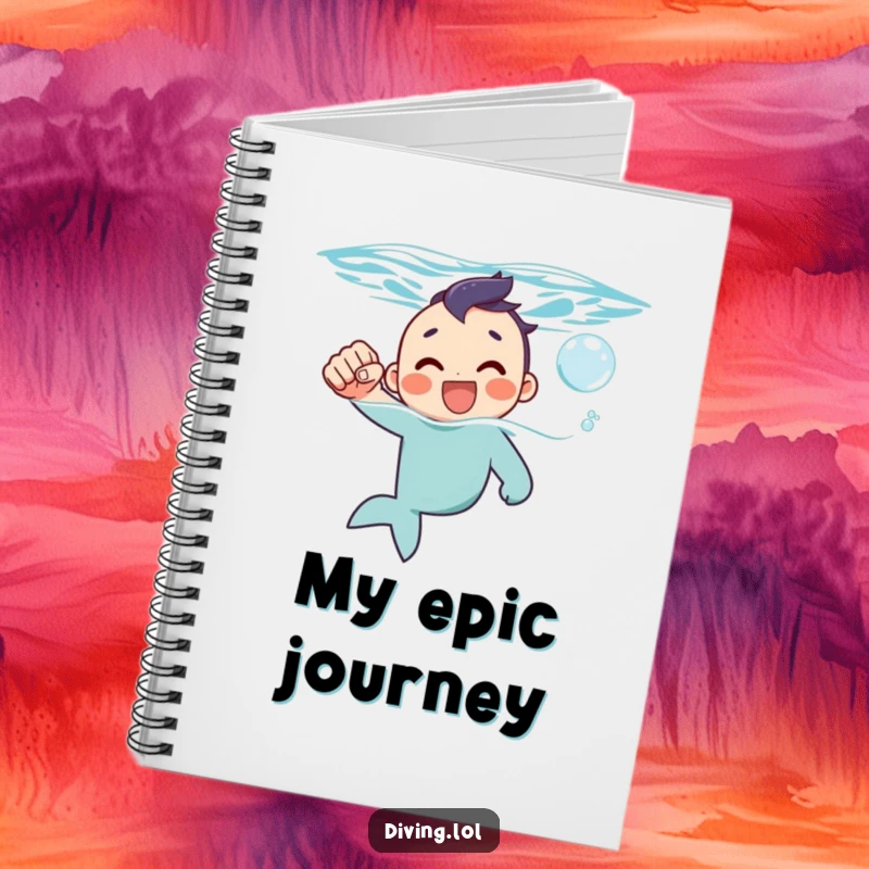 Funny notebook with a character surfacing from water, pumping a fist with a happy bubble, ready to record achievements.
