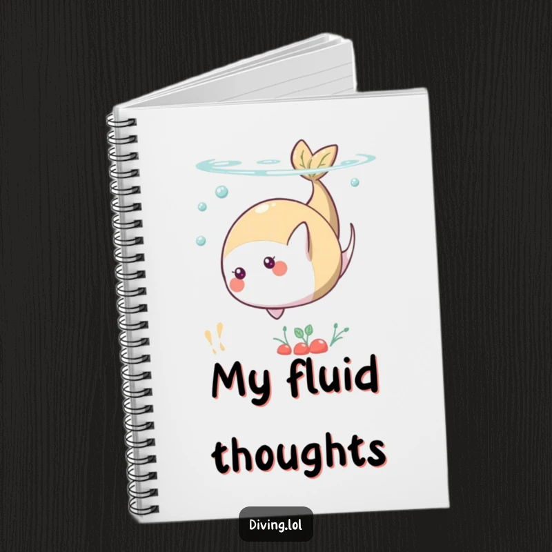 Funny notebook featuring a playful food character performing a somersault underwater, designed for jotting down ideas with humor.