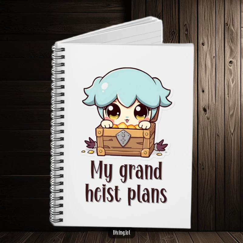 Funny notebook cover showing a character with wide, shining eyes exclaiming in delight over a discovered treasure chest.