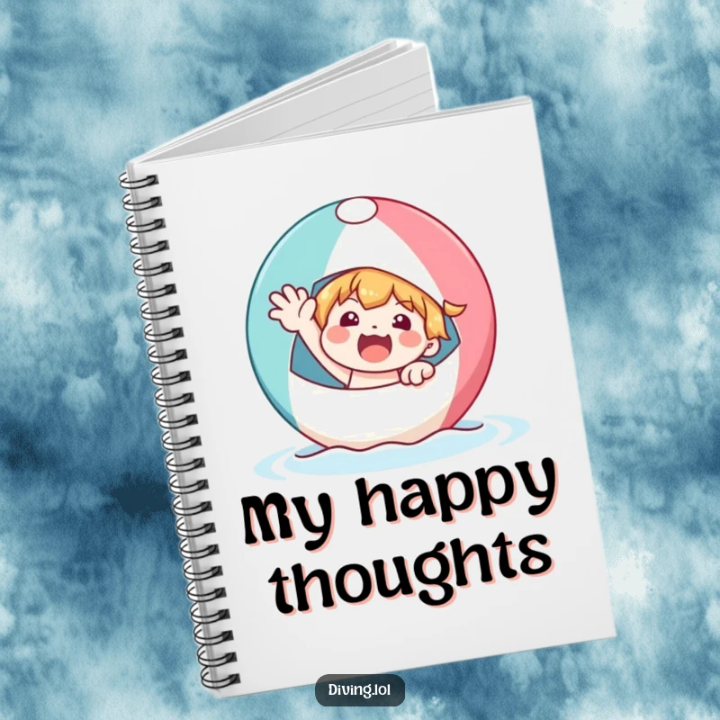 Funny character on a bobbing beach ball, waving enthusiastically, designed for capturing sunny inspirations and vacation plans with humor.