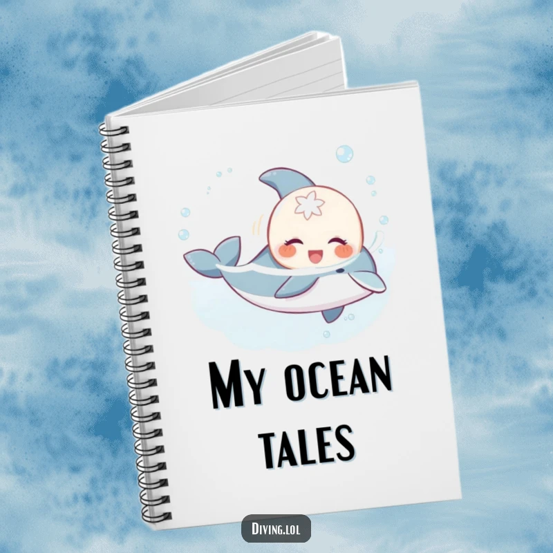 Funny sweet creature notebook, gleefully swimming with a playful dolphin, ideal for jotting down notes with ocean humor.