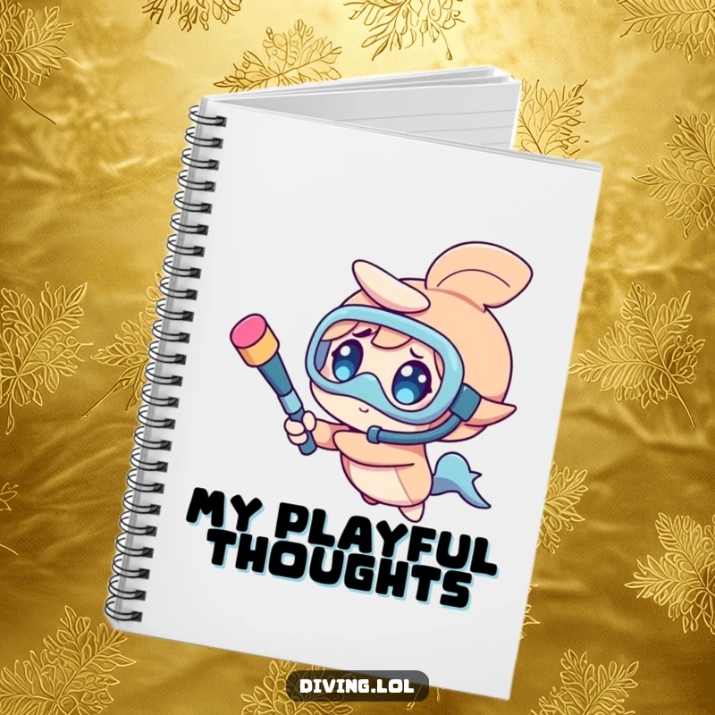 Funny notebook with a character spinning a snorkel like a baton, eyes full of fun, ready to capture ideas.