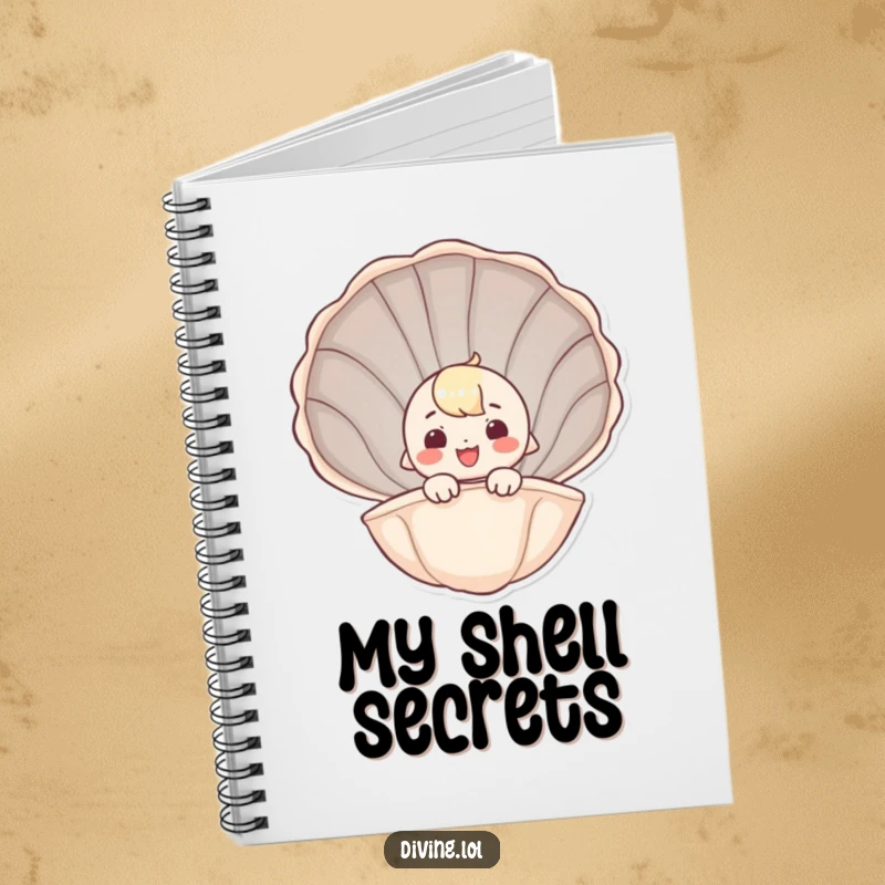 Funny notebook featuring a cute character peeking from a seashell with a smile, perfect for creative minds.
