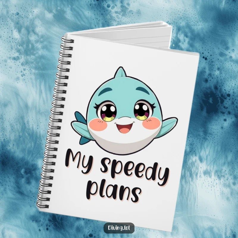 Funny notebook featuring a character with wide, excited eyes, swimming rapidly with a playful grin, for quick notes.