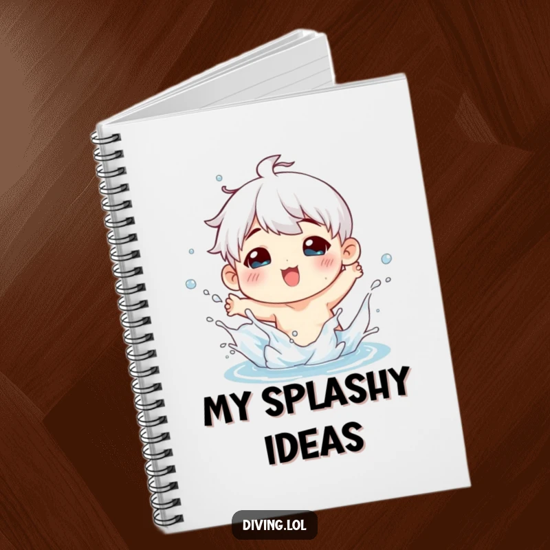 Funny notebook featuring a character playfully splashing water with a joyful expression, designed for capturing ideas and notes with a fun vibe.