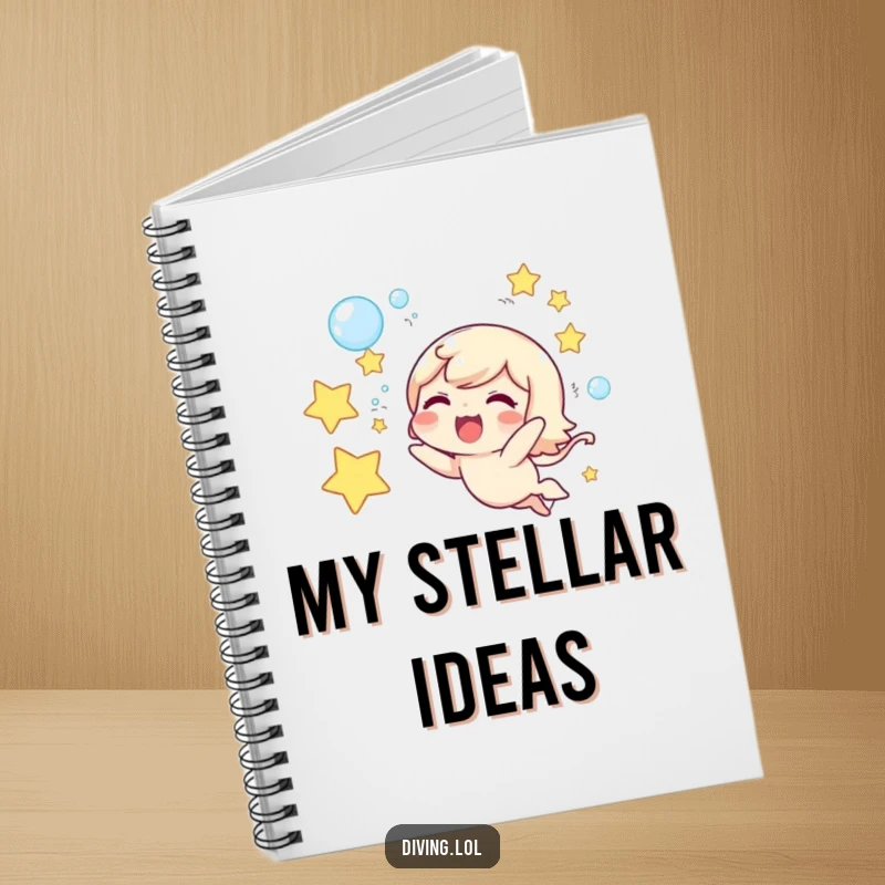 Funny notebook featuring a cute character joyfully blowing underwater star-shaped bubbles, perfect for creative notes.