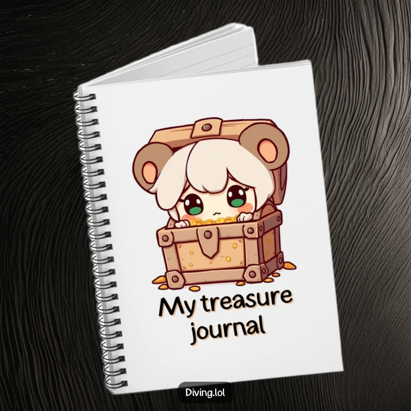 Funny notebook with a character discovering a treasure chest, eyes sparkling with surprise, ideal for capturing thoughts.