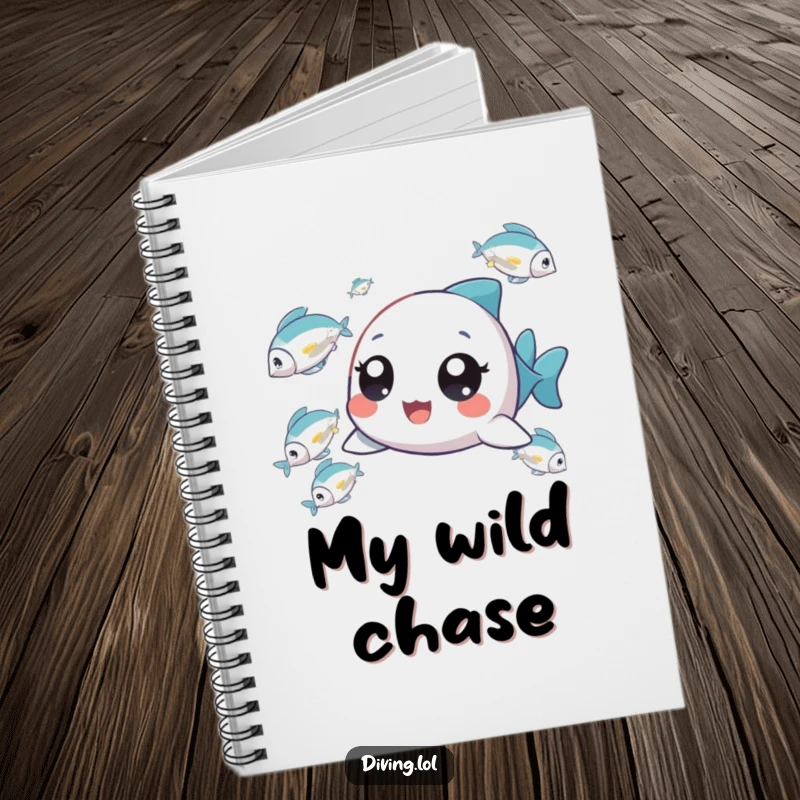Funny Tiny Fish Chaser Notebook featuring a delighted character chasing fish, ideal for jotting down notes and imaginative ideas.