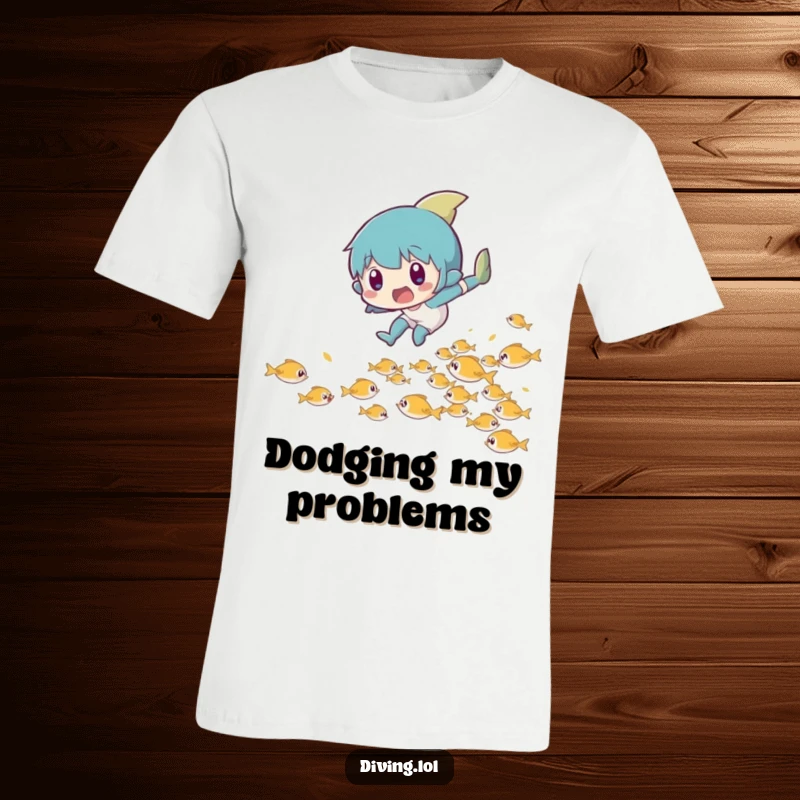 Funny t-shirt showing a character making a surprised leap to playfully evade a school of tiny, darting fish.