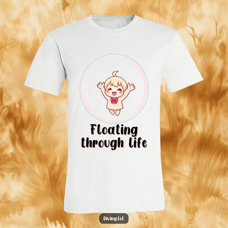 Funny character t-shirt featuring a happy person waving enthusiastically from inside a large, transparent bubble, spreading joy.