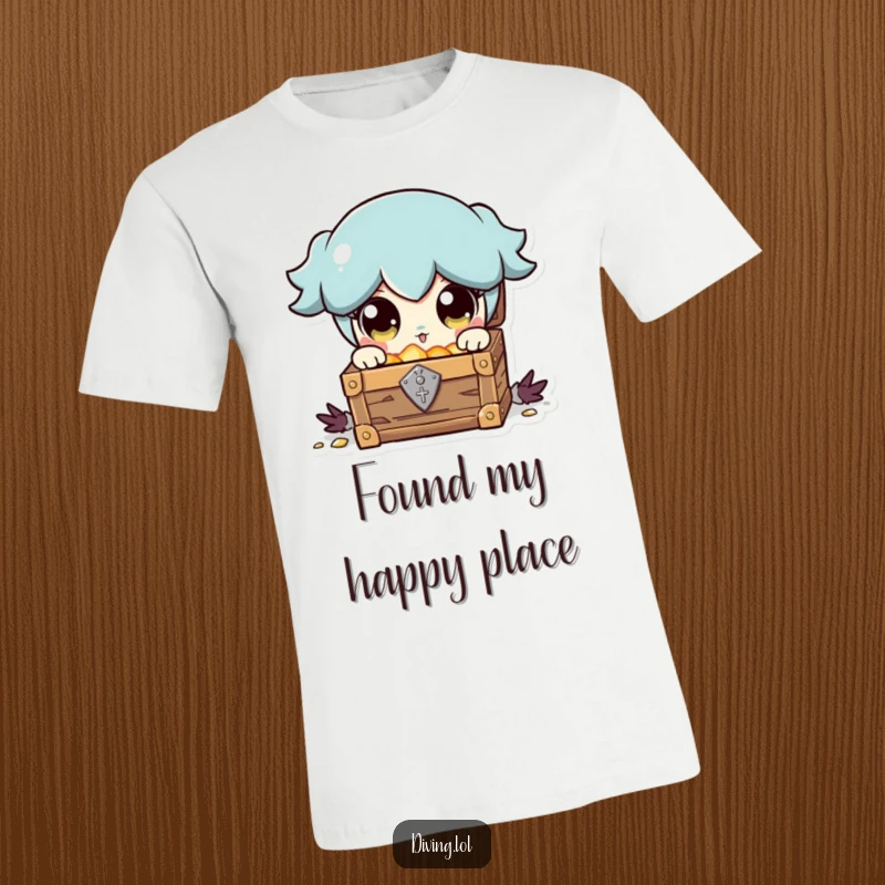 Funny t-shirt featuring a character with wide, shining eyes discovering a treasure chest, radiating pure joy and excitement.