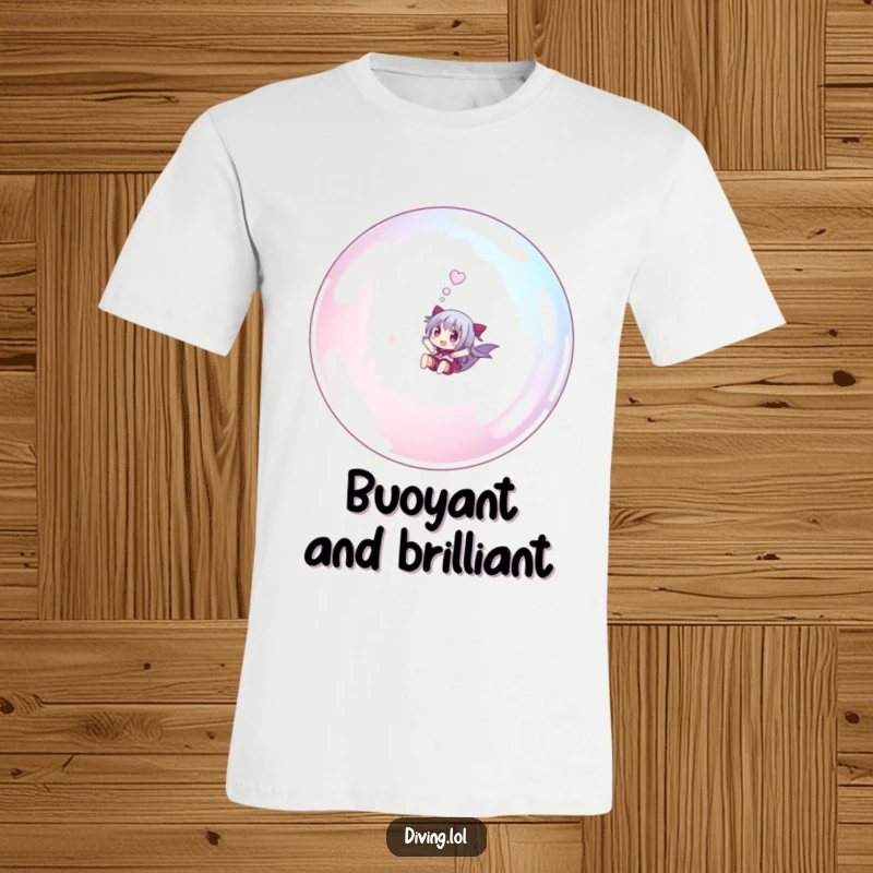 Funny small character t-shirt, gleefully riding a giant bubble underwater, showcasing playful and imaginative themes.