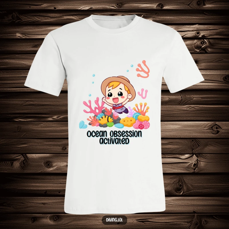 Funny T-Shirt showing an excited diver enthusiastically exploring a brightly colored coral reef teeming with marine life.