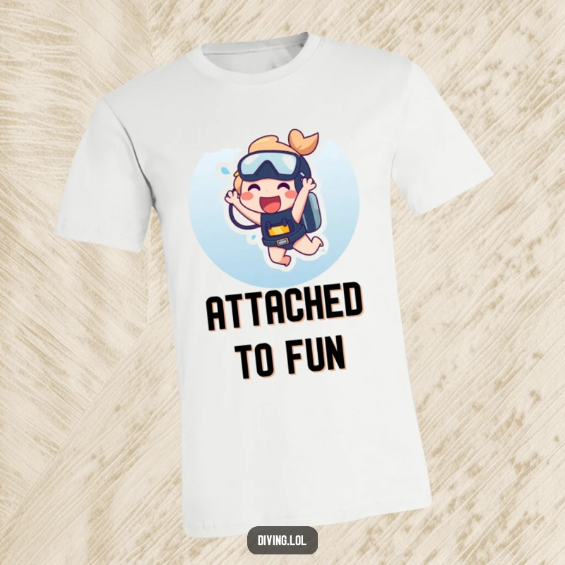 Funny T-Shirt featuring a character laughing hysterically while dangling from a scuba tank, a comical representation of diving mishaps.