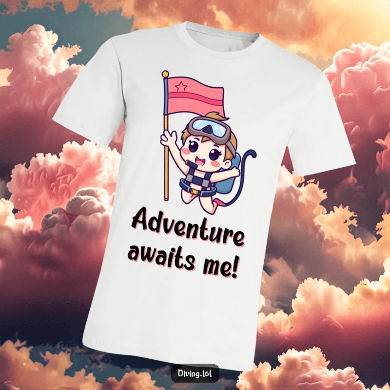Funny t-shirt with a cute character cheerfully waving from a dive flag, celebrating the joy of underwater exploration and beach life.