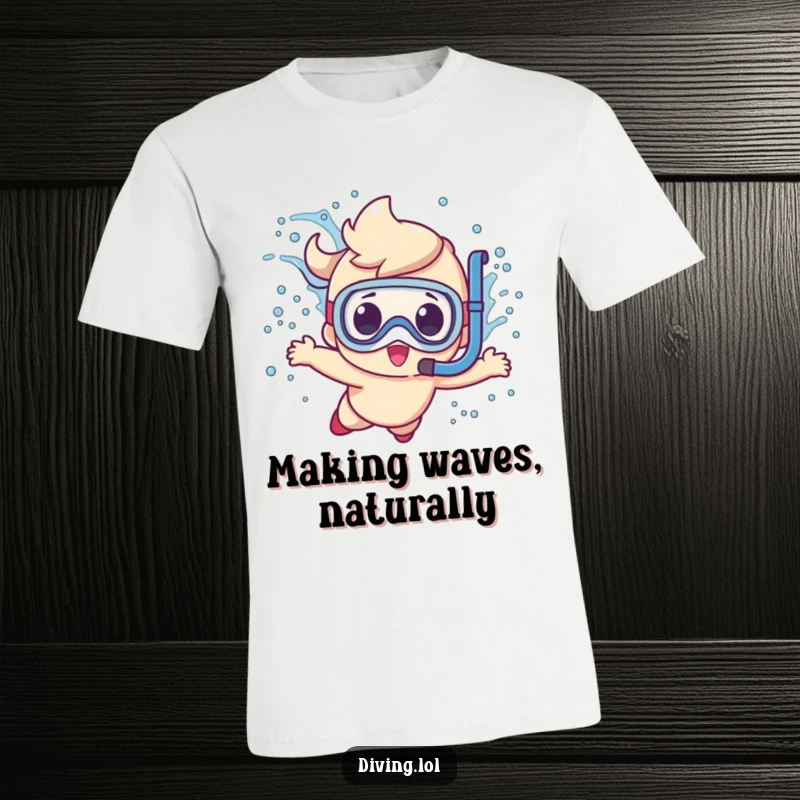 Funny cute character t-shirt, in the act of making a big splash while snorkeling underwater, perfect for swimmers.