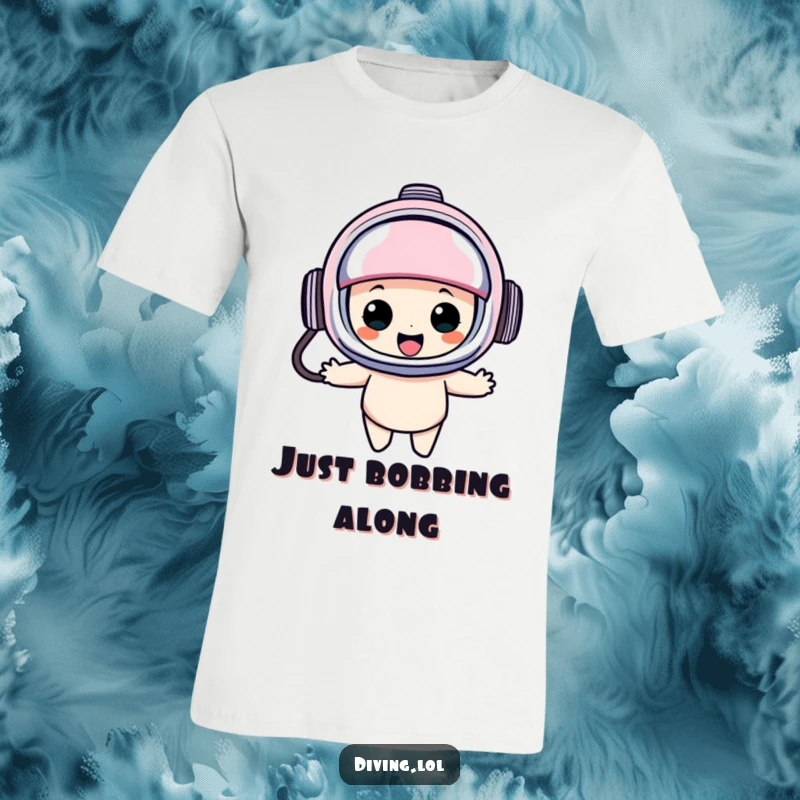Funny diving helmet t-shirt depicting a character in an oversized, comical helmet, bobbing happily with an expression of pure underwater delight.