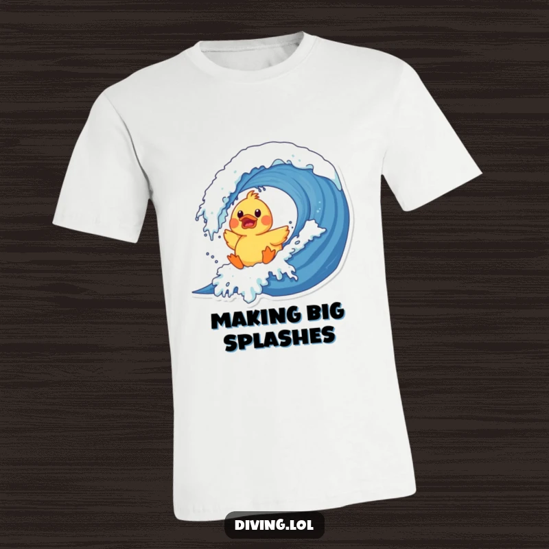 Funny duck wave crash t-shirt depicting a surprised rubber duck character being hit by a giant wave, a humorous ocean design.