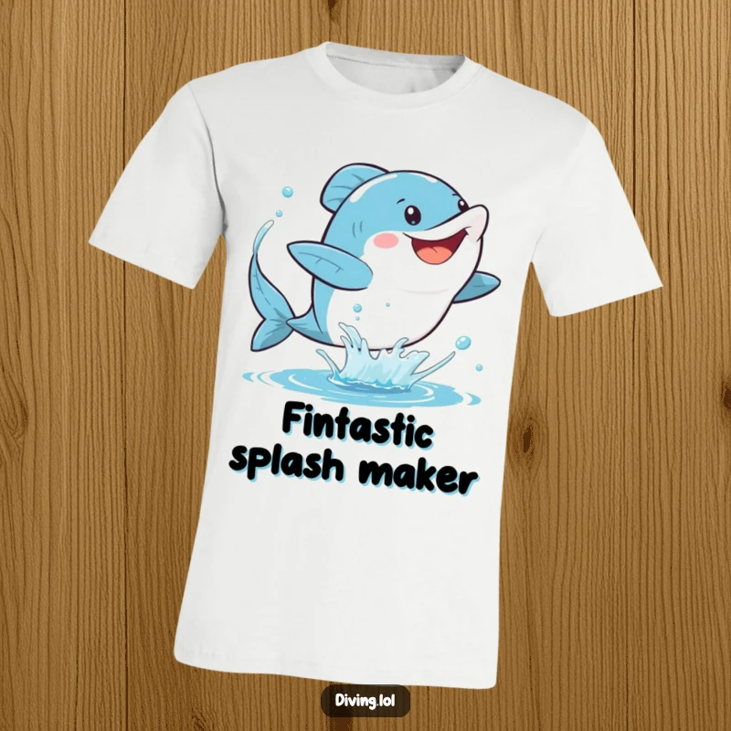 Funny fins t-shirt depicting a character gleefully kicking their fins, sending a dramatic spray of water in a burst of aquatic excitement.