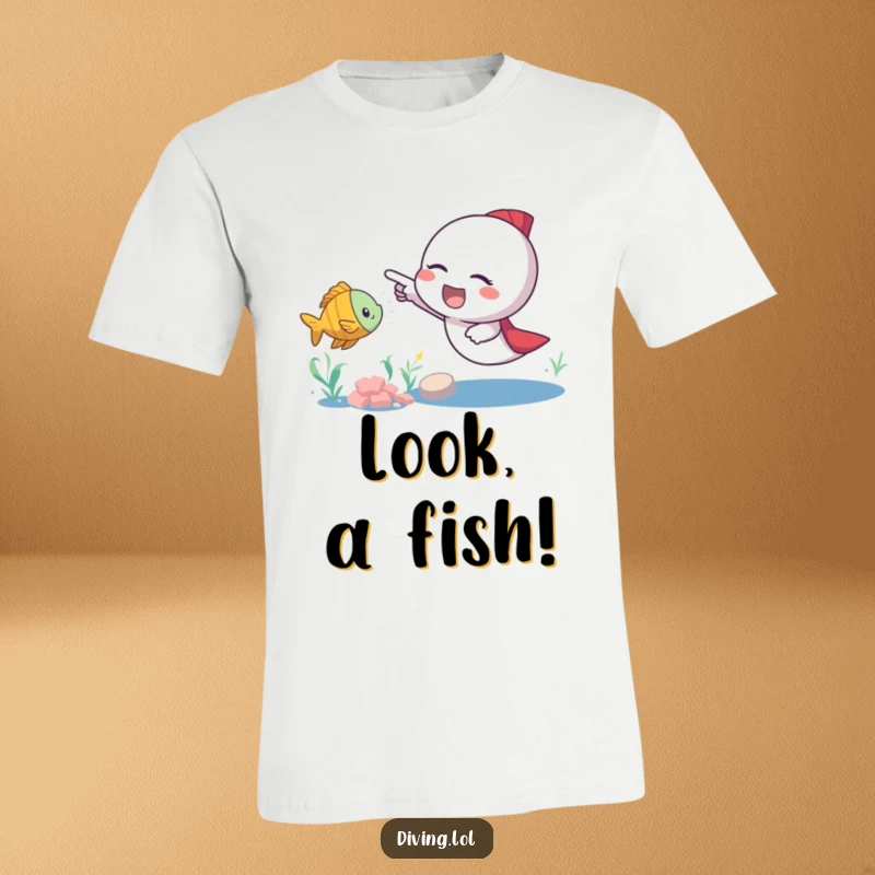 Funny fish pointer t-shirt depicting an excited character pointing with glee at a small, playful fish swimming in the vicinity.