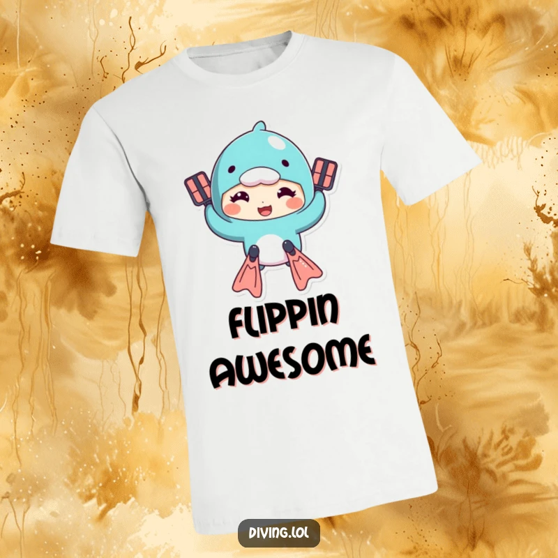 Funny t-shirt showing a character comically swimming with flippers, sporting a goofy expression, embodying aquatic humor.