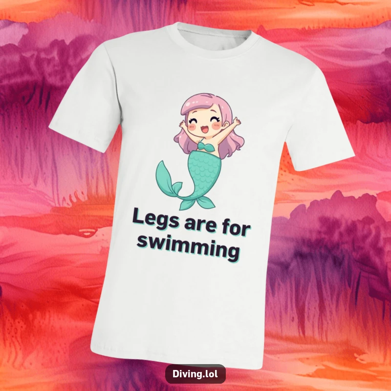 Funny T-Shirt of a playful character joyfully kicking their legs, pretending to be a happy mermaid swimming.