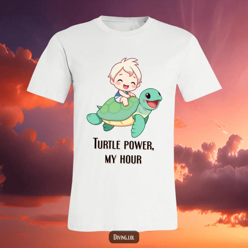 Funny T-Shirt: Cartoon character joyfully surfs on a smiling sea turtle, embodying carefree fun and adventure.