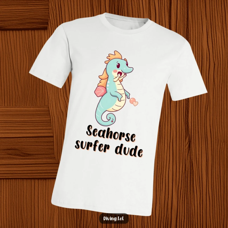Funny t-shirt of a small character joyfully riding a massive seahorse, embodying pure excitement and a whimsical ocean journey.