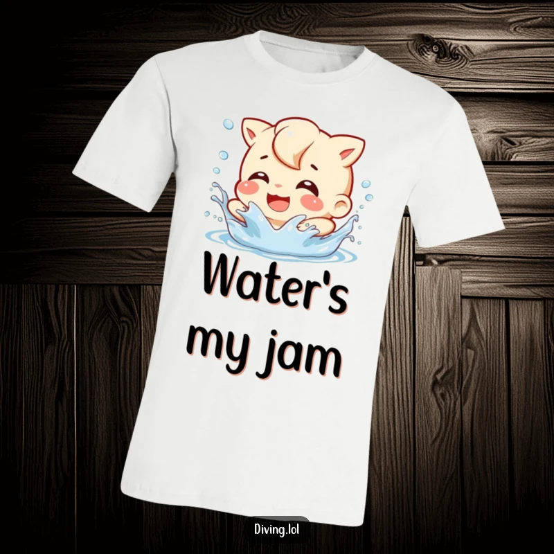 Funny Splash Character T-Shirt: A character gleefully splashes water, displaying a playful grin and water droplets flying.
