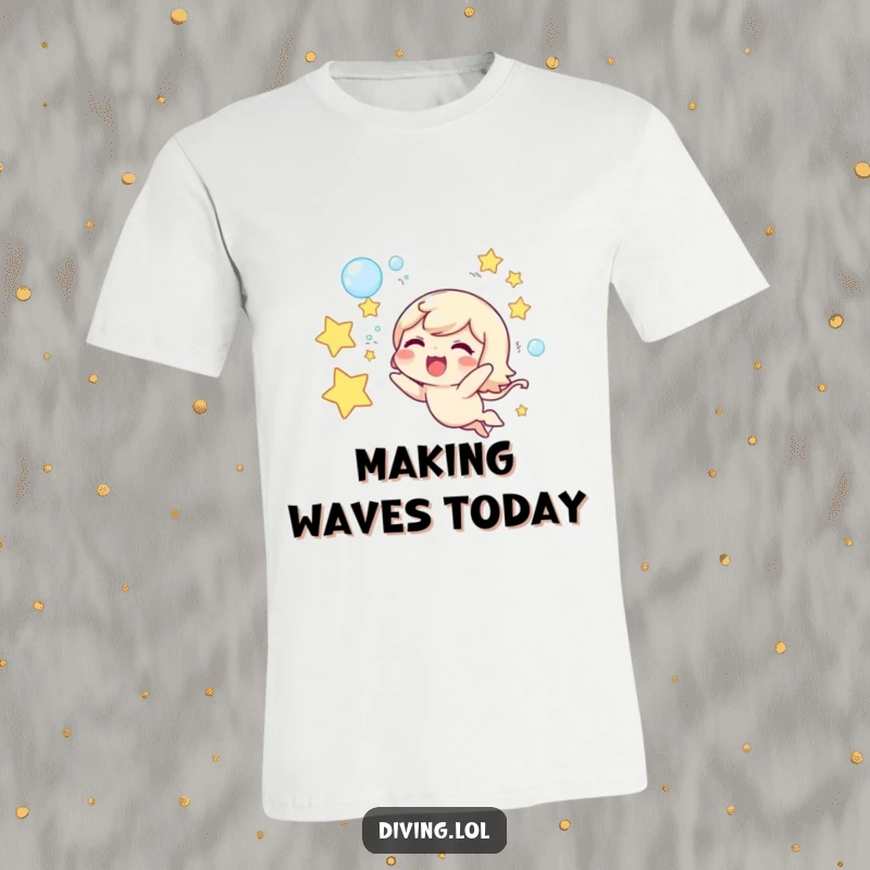 Funny t-shirt showing a cute character joyfully blowing underwater bubbles that are perfectly shaped like stars.