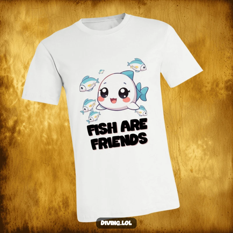Funny Tiny Fish Chaser T-Shirt showing a delighted character intently chasing a school of fish, full of wonder.