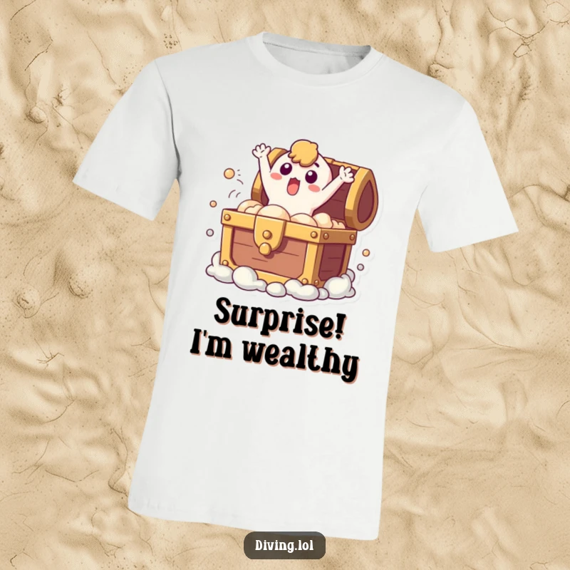 Funny t-shirt with a surprised character emerging from a bubbling treasure chest, depicting a moment of unexpected excitement and humor.