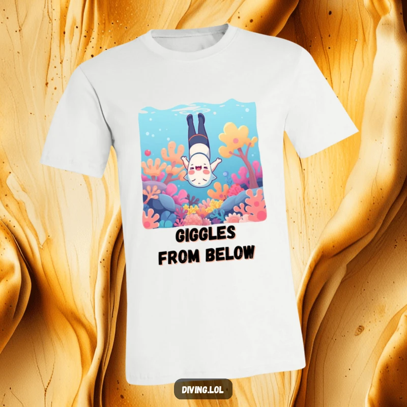 Funny underwater t-shirt, depicting a character giggling upside down amongst vibrant, colorful coral reefs.