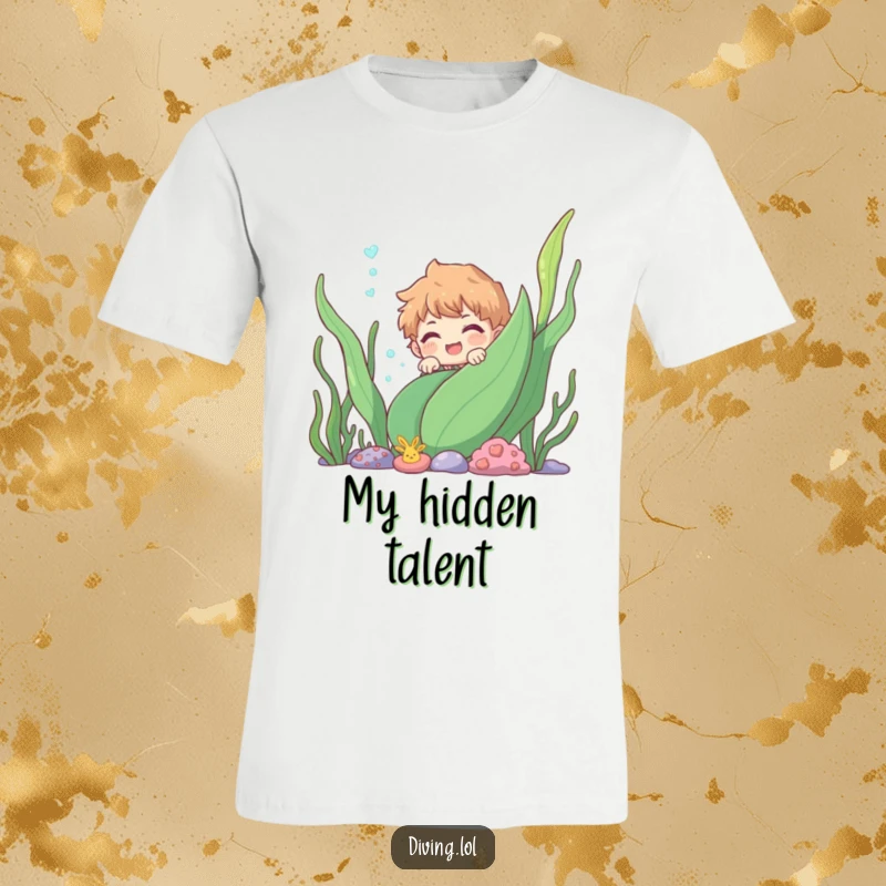 Funny character peeking from behind an underwater plant, with a smiling, playful expression, embodying curiosity and aquatic charm.