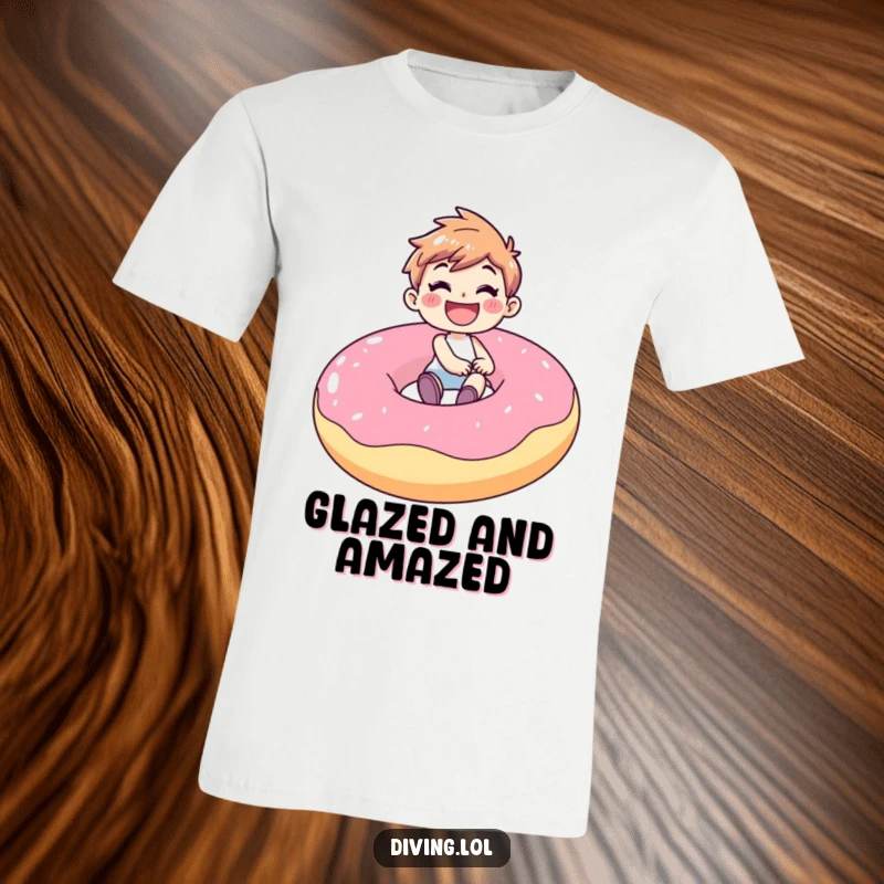 Funny t-shirt depicting a joyful character with a wide, gleeful grin, riding a massive inflatable donut, showcasing pure, sugary delight.