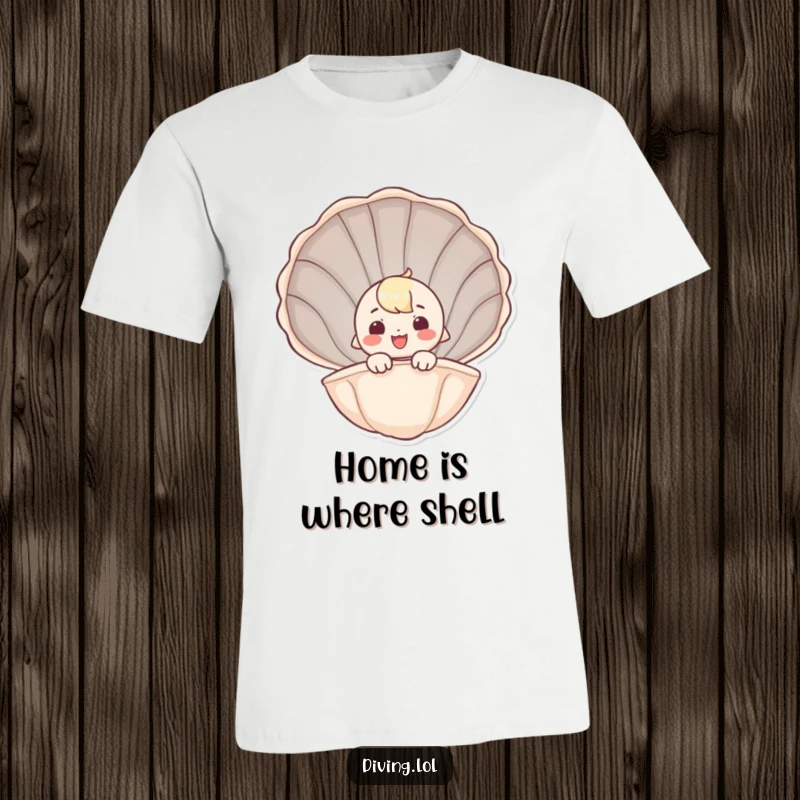 Funny t-shirt showing a delightful character emerging from a large seashell with a big, infectious grin, celebrating coastal fun.