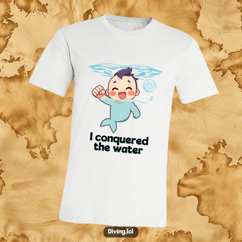 Funny t-shirt depicting a character surfacing with a celebratory fist pump and a happy bubble, radiating pure joy.