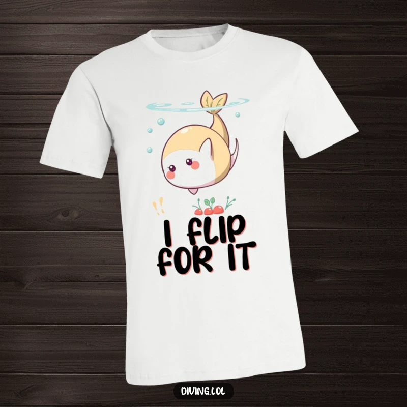 Funny t-shirt depicting a lively food character mid-somersault underwater, showcasing a sense of joy and movement.