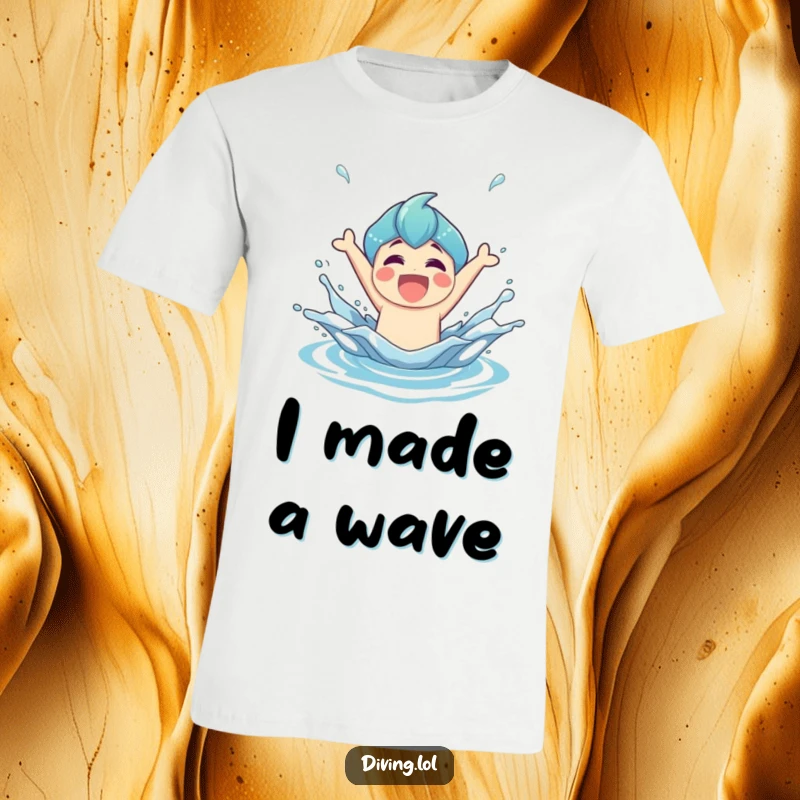 Funny T-Shirt depicting a joyful character emerging from water with a powerful, triumphant splash, full of energy.