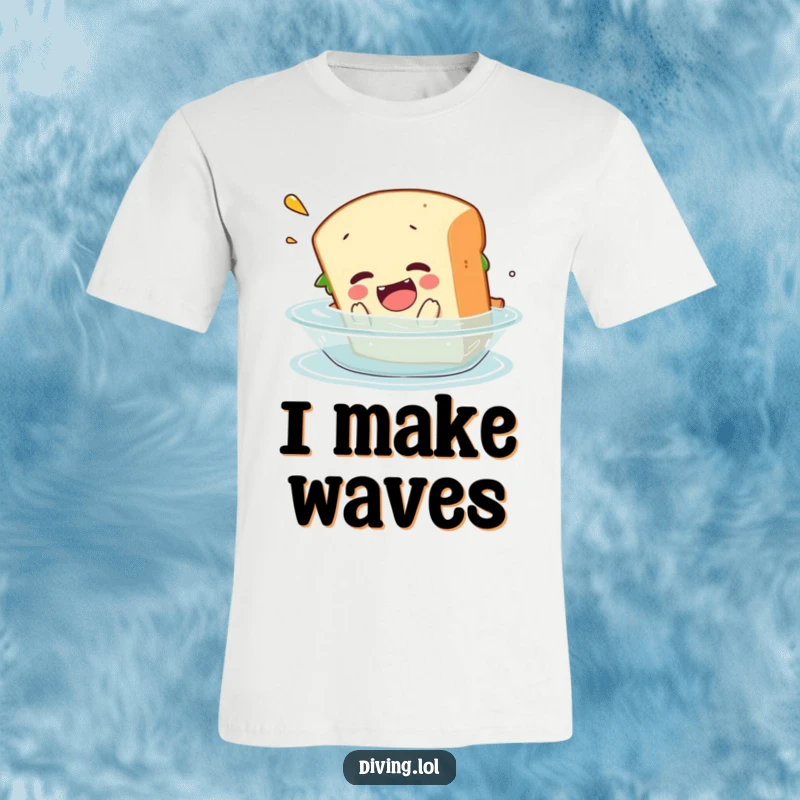 Funny t-shirt featuring a sandwich character in mid-air, performing a comical belly flop into water, perfect for clumsy enthusiasts.