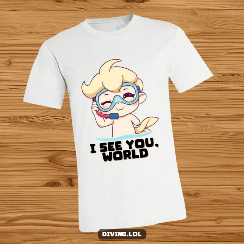 Funny T-Shirt with a character winking slyly while adjusting snorkel gear, embodying a fun-loving spirit for ocean adventures.